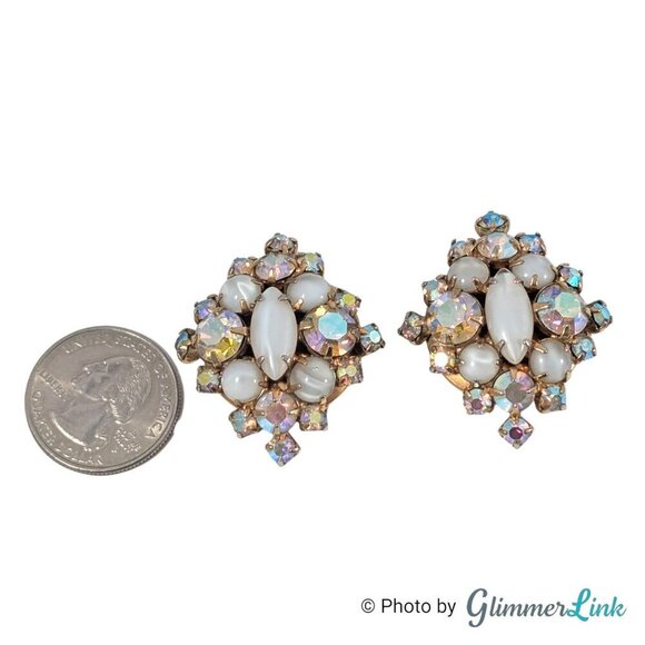 Vintage AB Aurora Borealis & White Stone Cluster Gold Tone Clip On Earrings - Picture 5 of 10